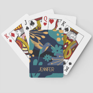 Vintage gold, blue and turquoise hummingbird playing cards