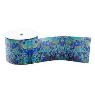 Vintage Gold Blue Japanese Kimono Floral Flower Grosgrain Ribbon