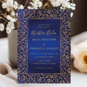Vintage Gold & Blue Velvet Nuestra Boda Wedding Invitation