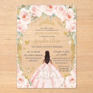 Vintage Gold Blush Pink Floral Dress Quinceañera Acrylic Invitations
