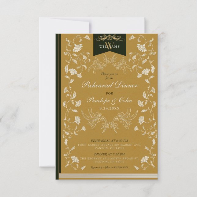Vintage Gold Book Cover Wedding Rehearsal Dinner Invitation (Front)