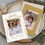 Vintage Gold Bow Merry Christmas 2 Photo Holiday Card<br><div class="desc">Celebrate the holiday season with this charming Christmas card featuring your family's photo framed by a festive gold bow and ribbon on a crisp white background. "Merry Christmas" is elegantly written in a charming gold handwritten script, with space to personalize your family name below. The back of the card showcases...</div>