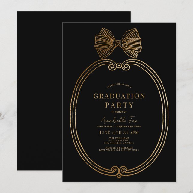 Vintage Gold Bow Ribbon Black Graduation Party Invitation (Front/Back)