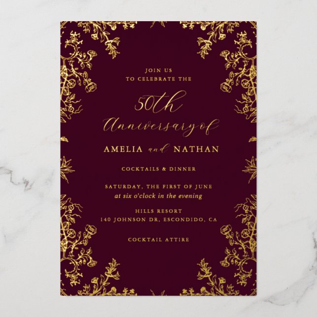 Vintage Gold Burgundy 50th Anniversary Party (Front)