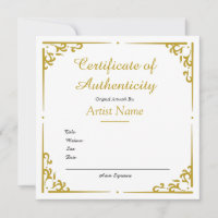 Vintage Gold Certificate of Authenticity for Art