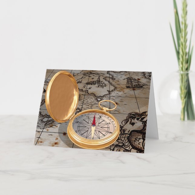 Vintage Gold Compass on Antique Pirate Map  Card (Front)