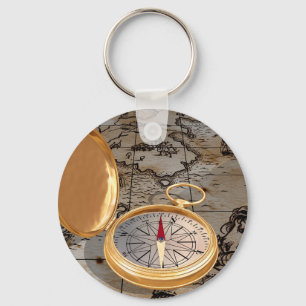 Vintage Gold Compass on Antique Pirate Map  Keychain