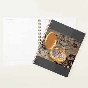 Vintage Gold Compass on Antique Pirate Map  Planner