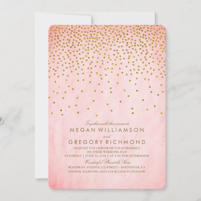 Vintage Gold Confetti Pink Wedding Invitation (Front)