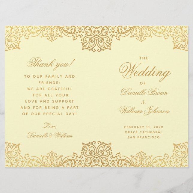 Vintage Gold Cream Elegant Folded Wedding Program (Front)