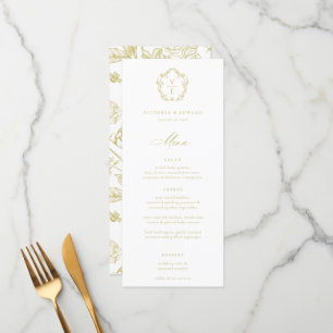 Vintage Gold Crest Monogram Floral Wedding Menu