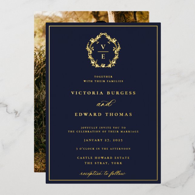 Vintage Gold Crest Monogram Wedding Photo (Front/Back)