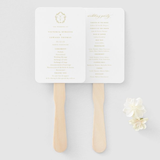 Vintage Gold Crest Monogram Wedding Program Hand Fan (Front and Back)