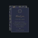 Vintage Gold Crest Navy Wedding Reception Table Thank You Card<br><div class="desc">Vintage Regency Era Gold Monogram Crest,  Wedding reception thank you table card in navy blue. Template provides multiple lines for your custom thank you message in coordinating gold and elegant floral pattern backing.</div>