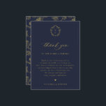 Vintage Gold Crest Navy Wedding Reception Table Thank You Card<br><div class="desc">Vintage Regency Era Gold Monogram Crest,  Wedding reception thank you table card in navy blue. Template provides multiple lines for your custom thank you message in coordinating gold and elegant floral pattern backing.</div>
