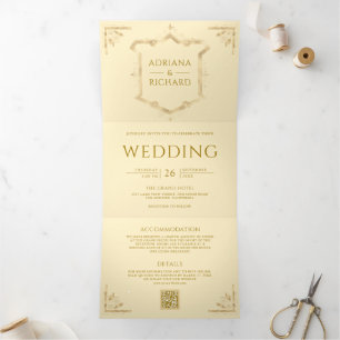 Vintage Gold Crest QR Code Butter Yellow Wedding Tri-Fold Invitation