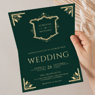 Vintage Gold Crest QR Code Emerald Green Wedding Invitation