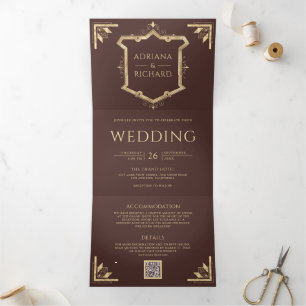 Vintage Gold Crest QR Code Espresso Brown Wedding Tri-Fold Invitation
