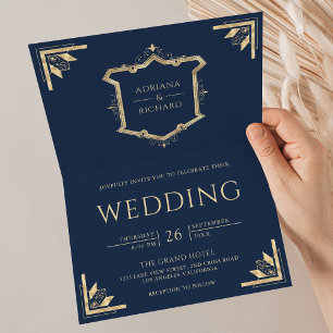 Vintage Gold Crest QR Code Navy Blue Wedding Invitation