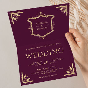 Vintage Gold Crest QR Code Plum Purple Wedding Invitation