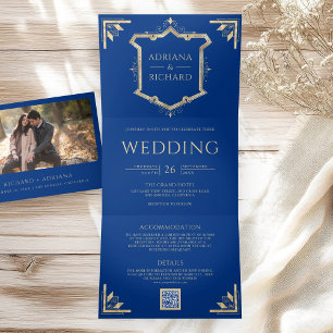 Vintage Gold Crest QR Code Royal Blue Wedding Tri-Fold Invitation