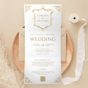 Vintage Gold Crest QR Code White Wedding Tri-Fold Invitation