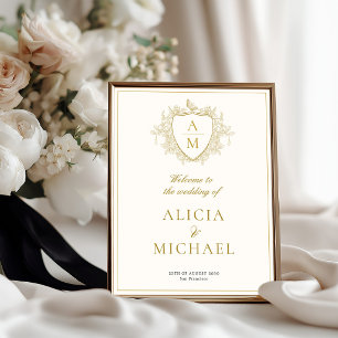 Vintage gold crest wedding welcome printable  poster