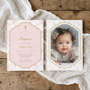 Vintage Gold Cross Floral Girl Photo Baptism Invitation