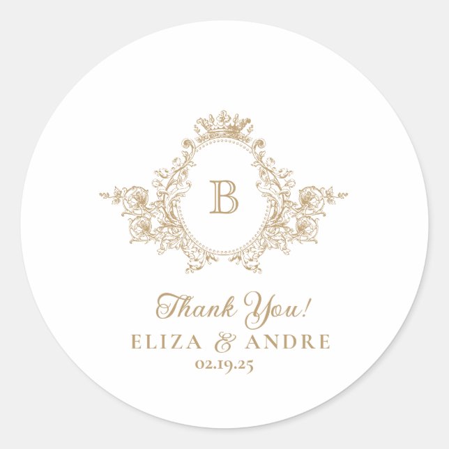 Vintage Gold Custom Monogram Crest Wedding Sticker (Front)