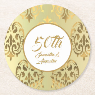 Vintage gold damask 50th anniversary round paper c coaster