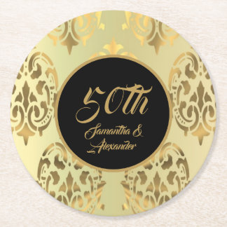 Vintage gold damask 50th anniversary  round paper coaster