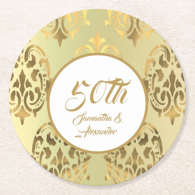 Vintage gold damask 50th anniversary round paper coaster (Front)