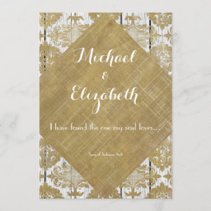 Vintage Gold Damask and Wood with Bible Verse Invitation
