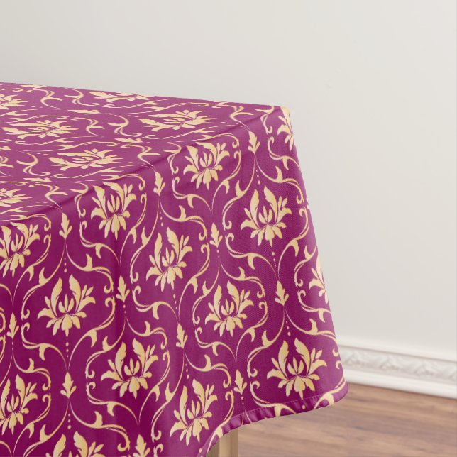 Vintage Gold Damask on Royal Plum Tablecloth (In Situ)