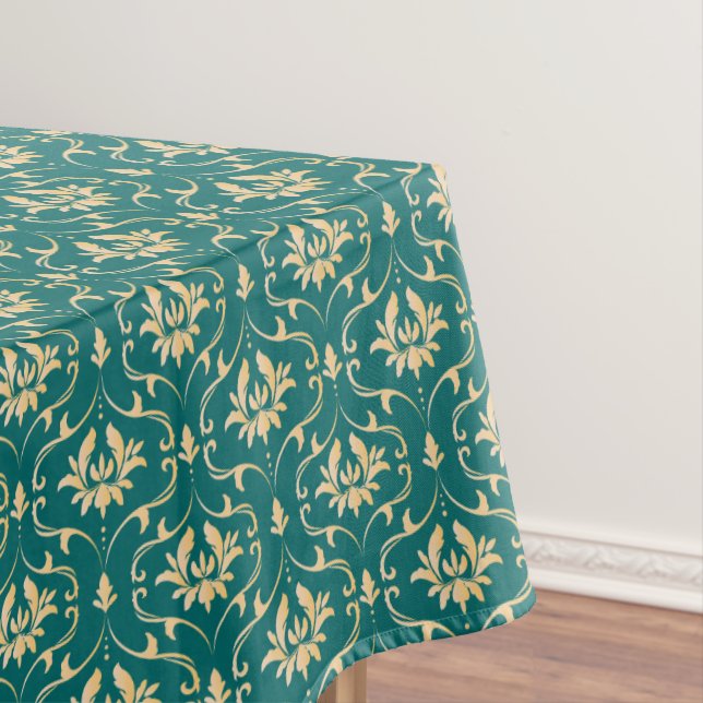 Vintage Gold Damask on Royal Teal Tablecloth (In Situ)