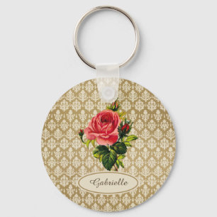 Vintage Gold Damask Pattern Pink Rose and Name Keychain