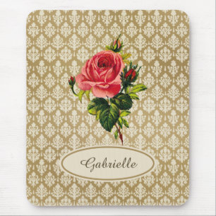 Vintage Gold Damask Pattern Pink Rose and Name Mouse Pad