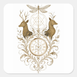 Vintage Gold Deer and Dragonfly Aesthetic All-Over Square Sticker