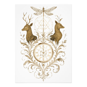 Vintage Gold Deer & Dragonfly Aesthetic Nature Wal Photo Print