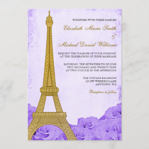 Vintage Gold Eiffel Tower Purple Roses Wedding Invitation