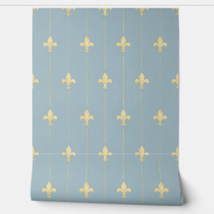 Vintage Gold Fleur-de-Lis Dusky Blue Wallpaper