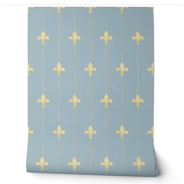 Vintage Gold Fleur-de-Lis Dusky Blue Wallpaper (Unrolling)