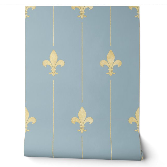 Vintage Gold Fleur-de-Lis Dusky Blue Wallpaper (Unrolling)