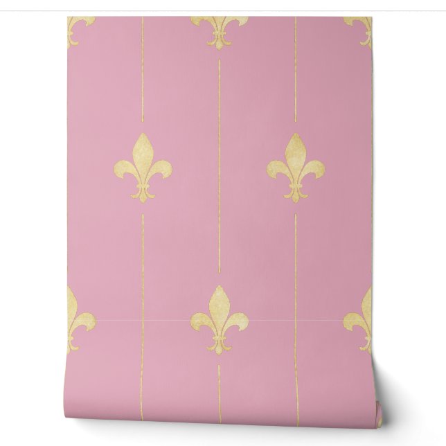 Vintage Gold Fleur-de-Lis Dusky Pink Wallpaper (Unrolling)