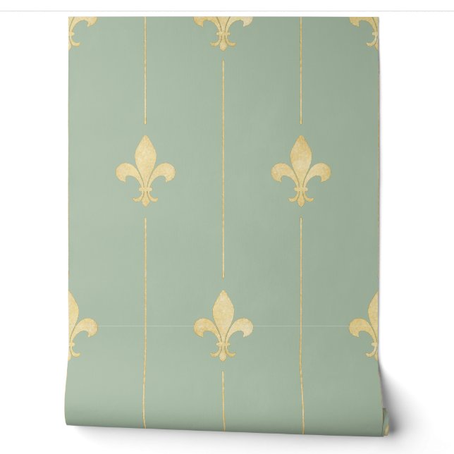 Vintage Gold Fleur-de-Lis Sage Wallpaper (Unrolling)