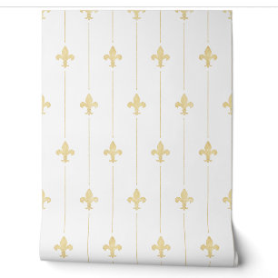 Vintage Gold Fleur-de-Lis White (small scale) Wallpaper