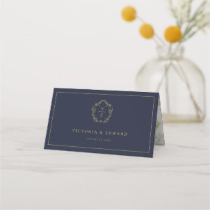 Vintage Gold Floral Crest Monogram Wedding Place Card