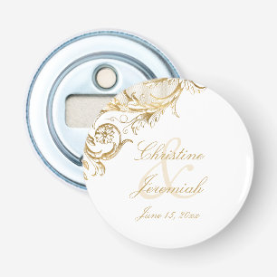 Vintage Gold Floral Damask Script Names Wedding Bottle Opener