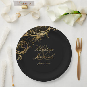 Vintage Gold Floral Damask Script Names Wedding Pa Paper Plate