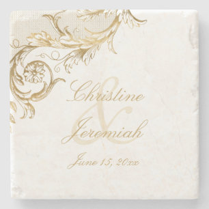 Vintage Gold Floral Damask Script Names Wedding Stone Coaster